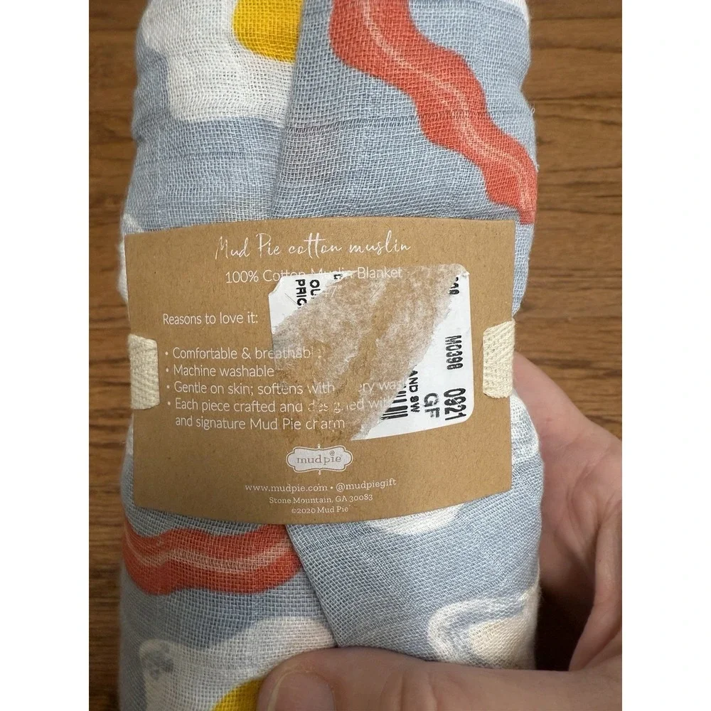 NEW Boutique Mud Pie‎ Girl Boy Bacon Eggs Muslin Blanket Rattle Set 47 X 47 NWT